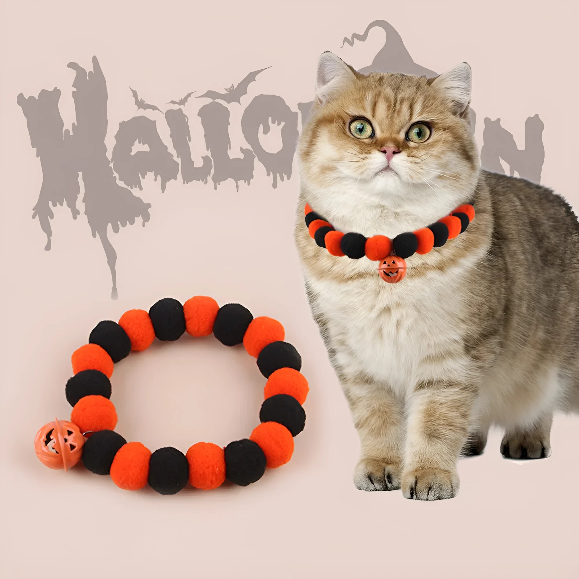 Black, orange, green, and purple Halloween pumpkin cat collar with adjustable strap.
