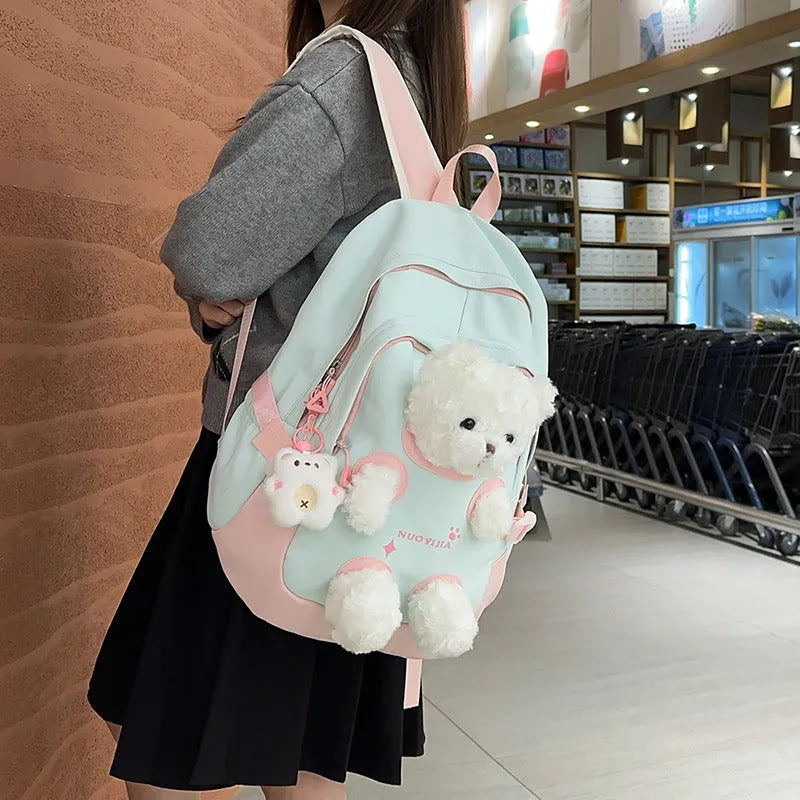 Cute bear nylon schoolbag with curved shoulder straps, macaron colours, and 20-35L capacity for school and college