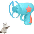 Blue interactive cat toy gun with spinning plastic frisbee for indoor cat chase play