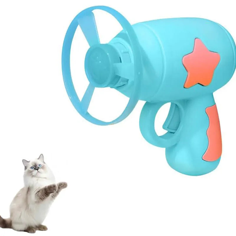 Blue interactive cat toy gun with spinning plastic frisbee for indoor cat chase play