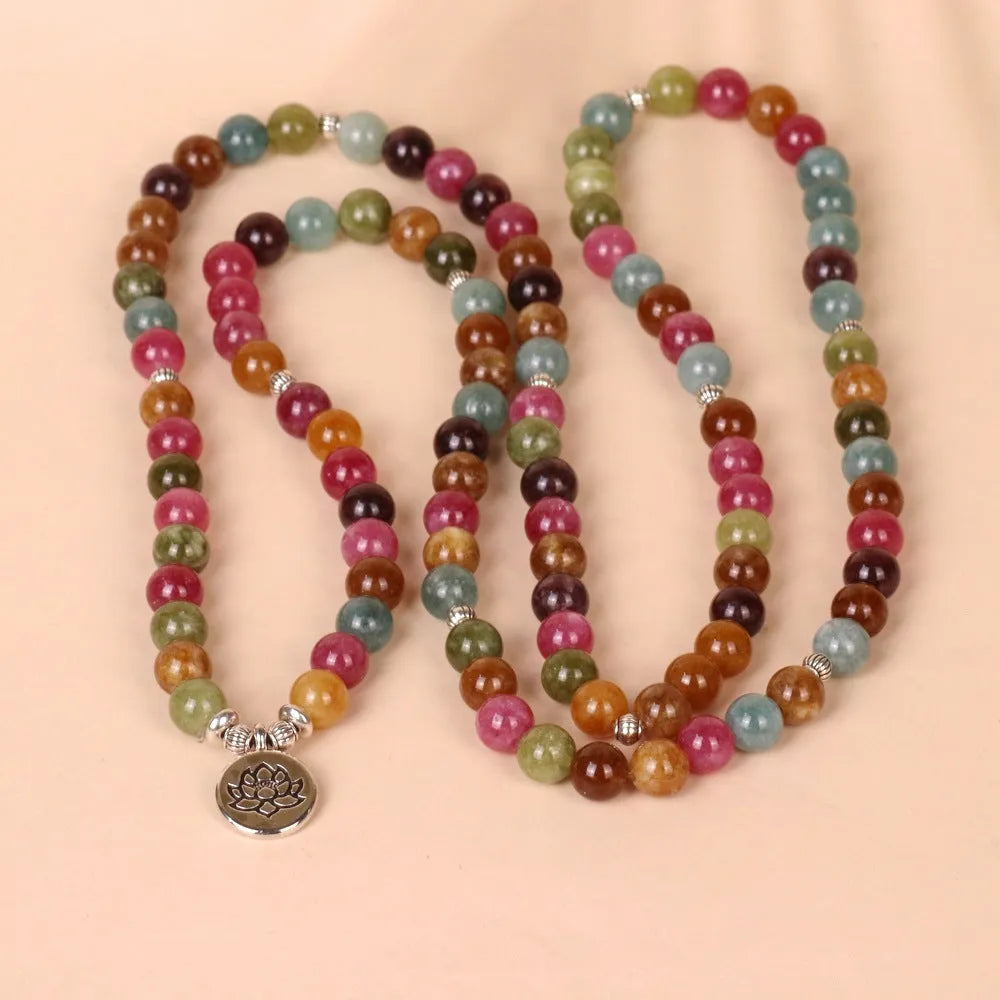 108-bead multi-layer bracelet with lotus hanging element in tourmaline colour alloy construction