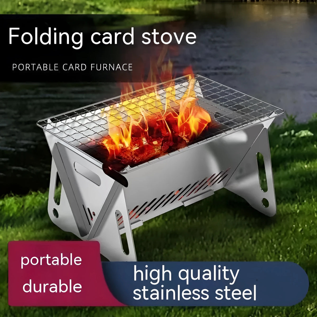 Stainless steel folding barbecue oven with grill rack and storage bag for outdoor cooking