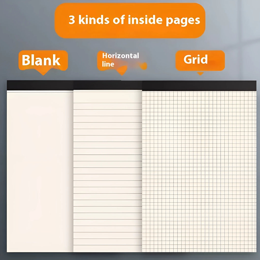 A5, B5, and A4 writing pads showing horizontal line, grid, and blank ruling options with 80 wood-free paper sheets