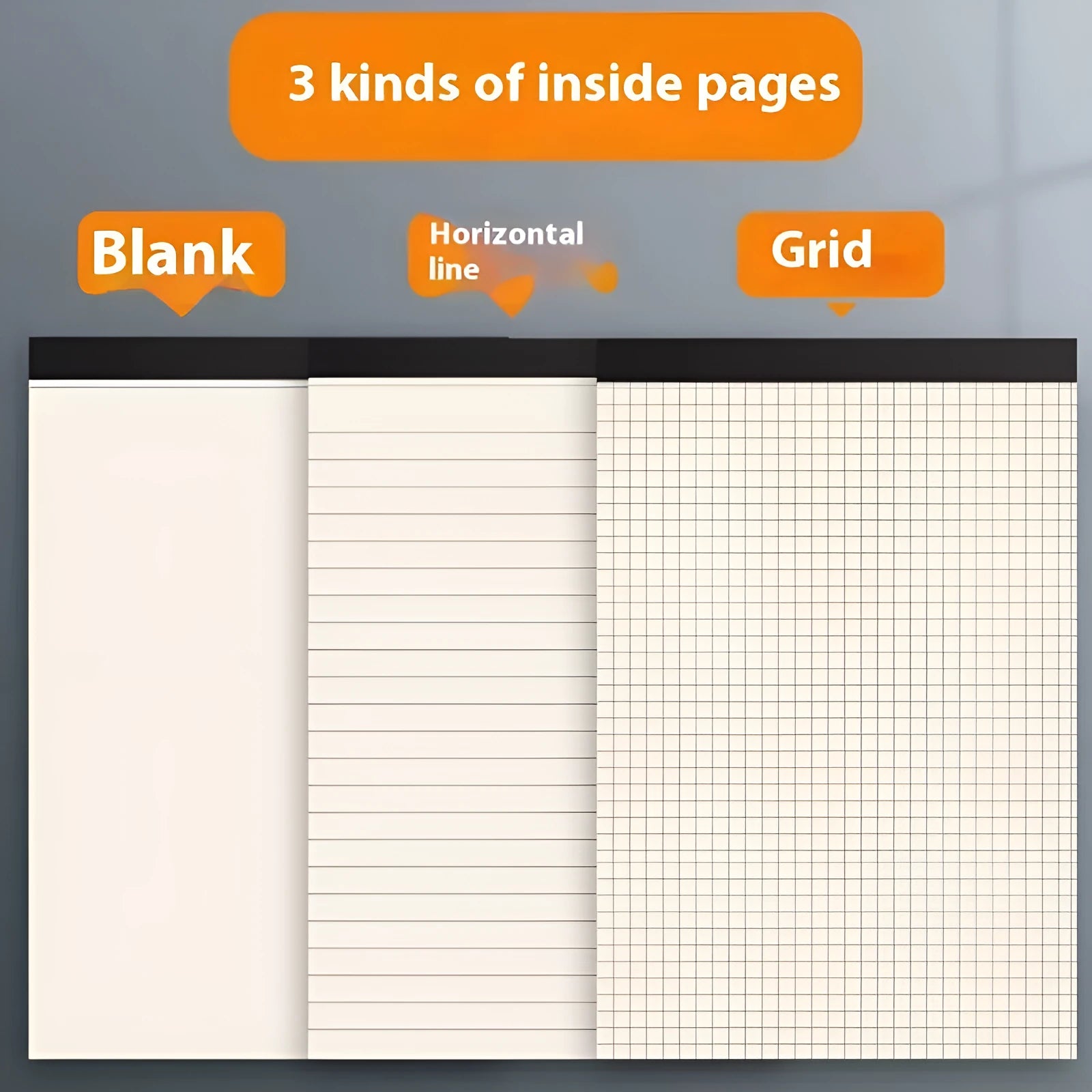 A5, B5, and A4 writing pads showing horizontal line, grid, and blank ruling options with 80 wood-free paper sheets