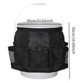 Black cylindrical polyester storage bag hanging on 5 gallon barrel for tool organisation