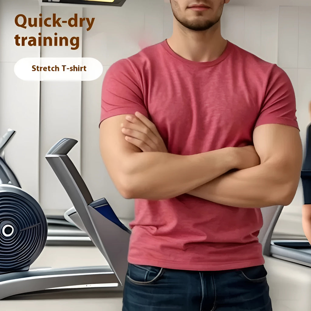 Men's stretch quick-dry running T-shirt in polyester blend available in black, grey, green and pink colours