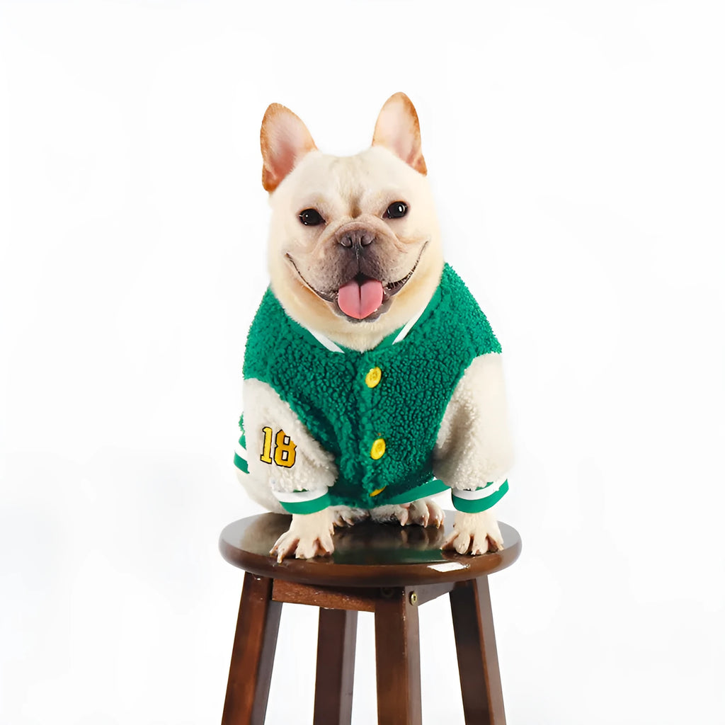 Green fleece-lined cotton dog winter jacket showing sizing options from L to 4XL