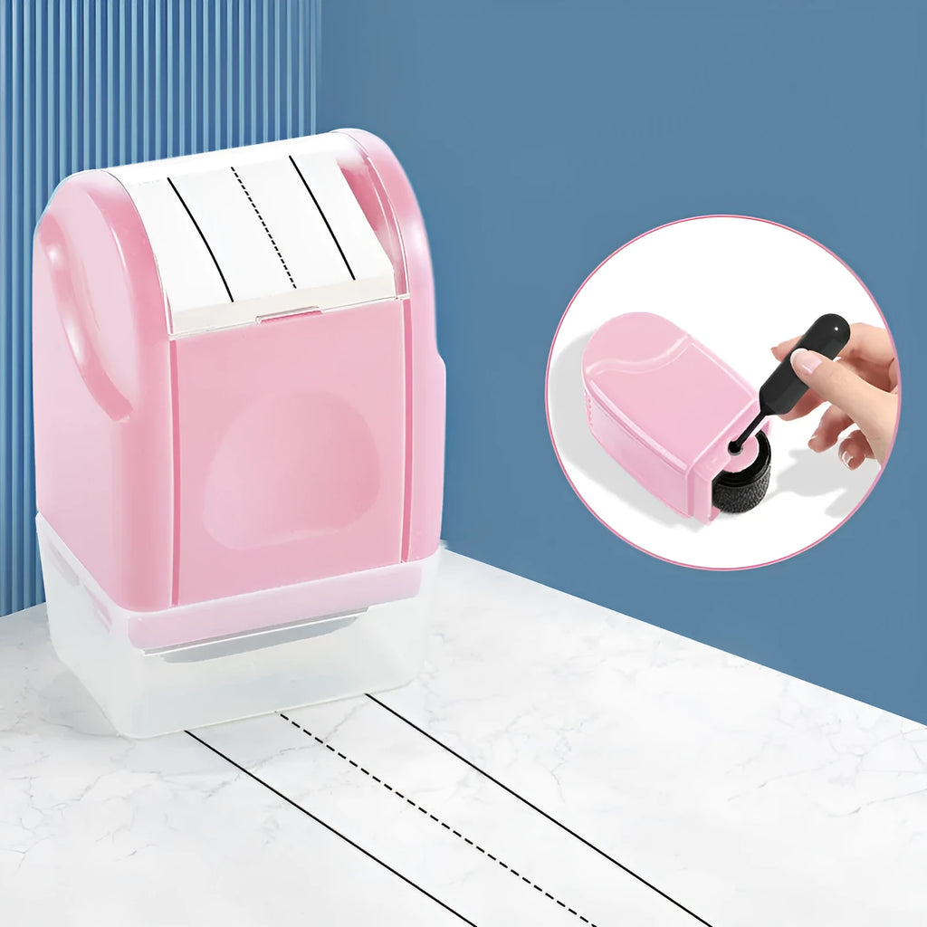Simplified Roller English Line Seal plastic stamp in multiple colours on a surface.