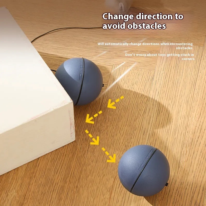 Automatic cat teasing ball with plush mouse attachment in blue orange and dark grey colours