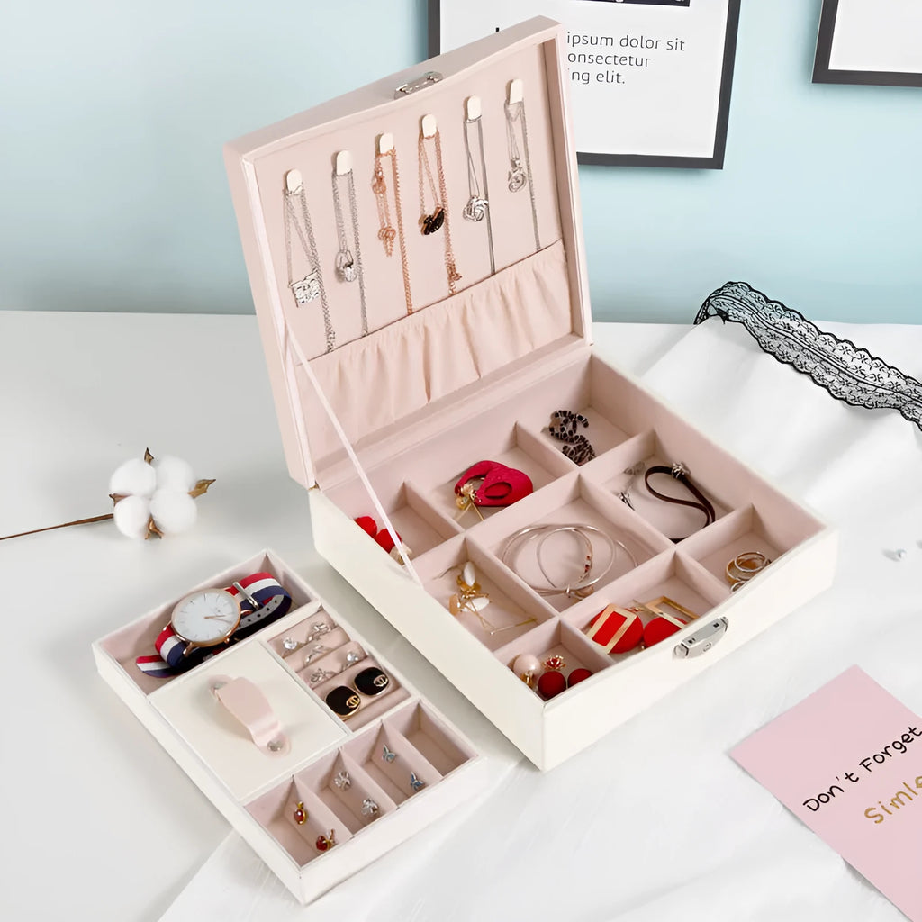 Red or white PU leather jewellery storage box with large capacity for necklaces and rings