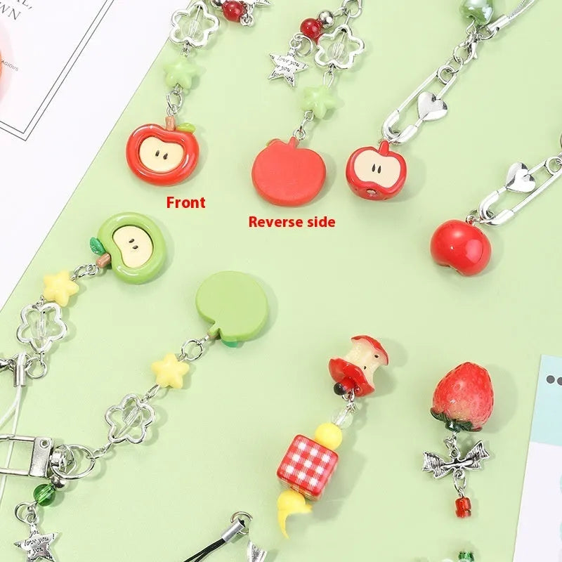 Plastic resin mobile phone charm keychain with fruit designs including apple and strawberry patterns