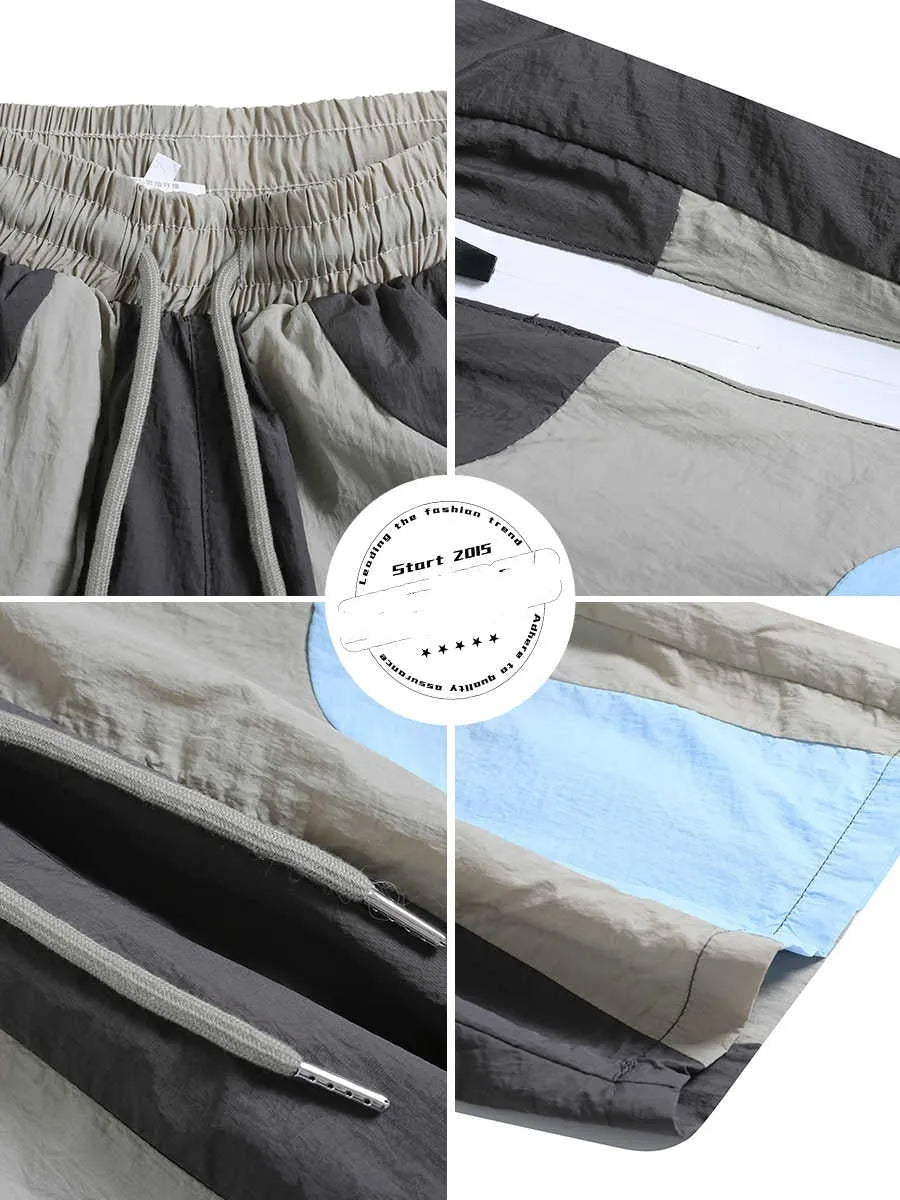 Blue loose-fit quick-drying beach shorts with elastic waistband shown flat