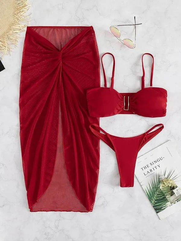 Women's multicolour three-piece bikini set with long culottes in French style design