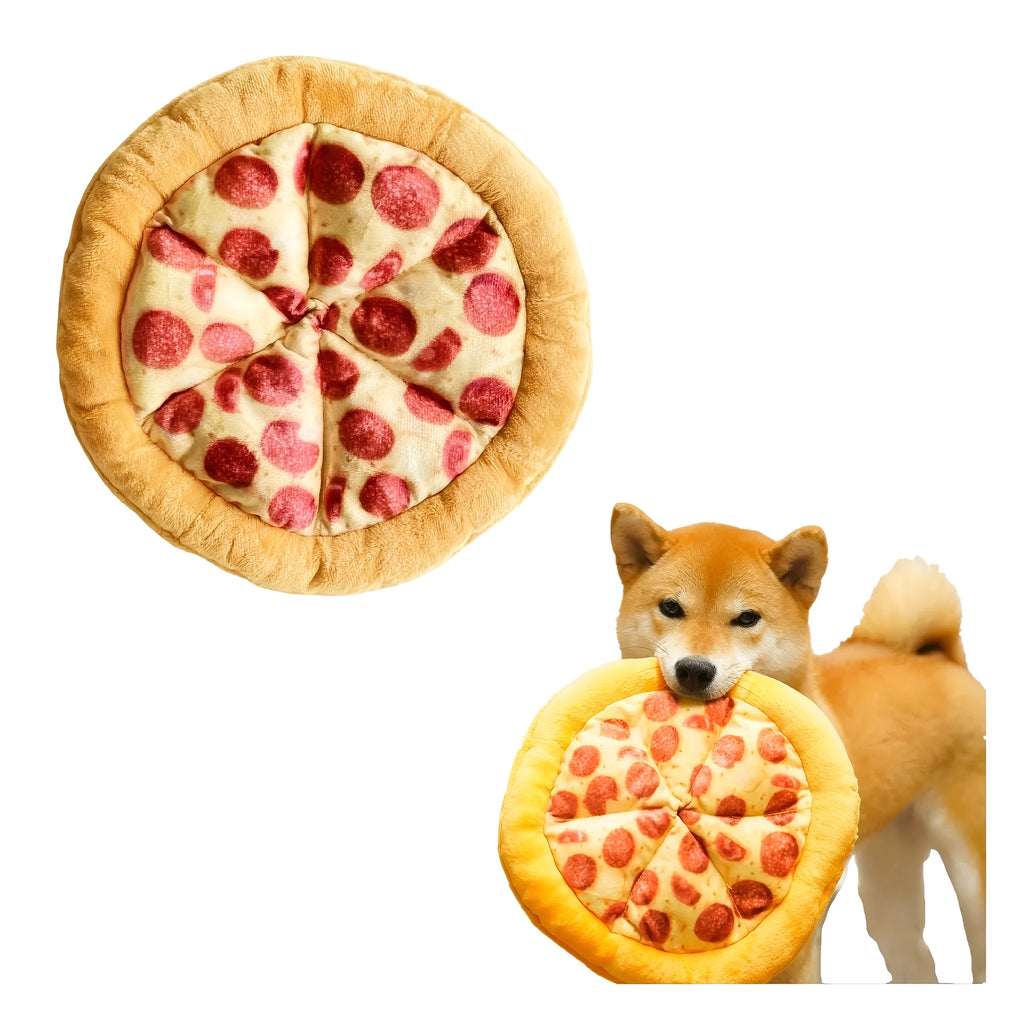 Yellow pizza design dog chewing toy with teddy bear motif measuring 20cm across