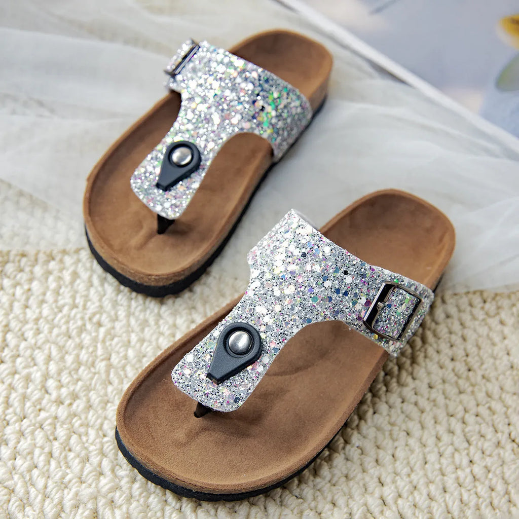 Gold pink silver cork flip-flops couples beach sandals with frosted artificial leather upper and PVC sole