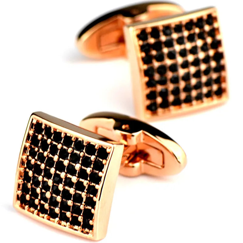 Rose gold star diamond cufflinks with brass base and electroplated finish, unisex French cuff pair in black or white diamond