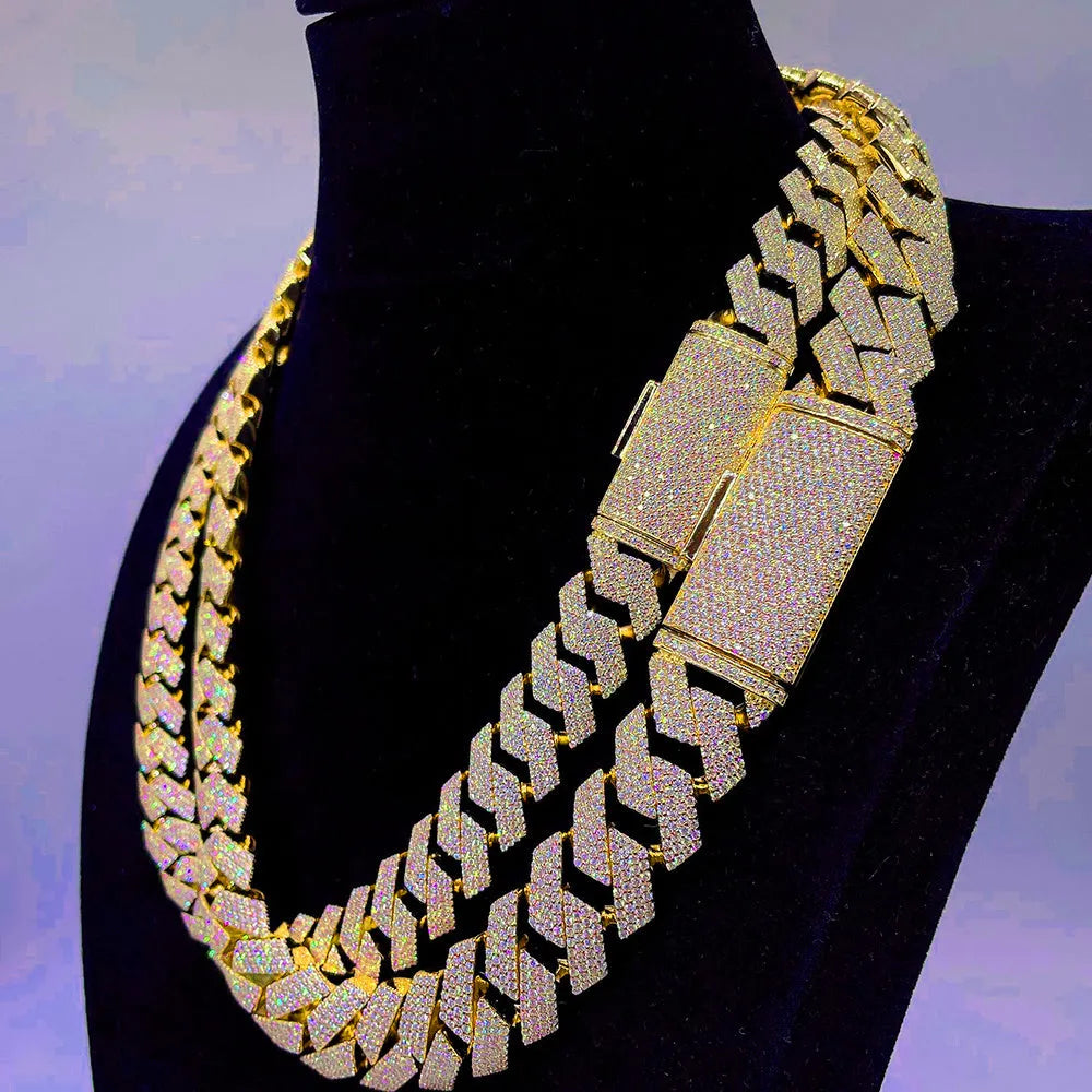 Moissanite Cuban link chain necklace in S925 silver, 18mm wide, shown in gold, platinum or rose gold