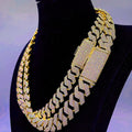 Moissanite Cuban link chain necklace in S925 silver, 18mm wide, shown in gold, platinum or rose gold