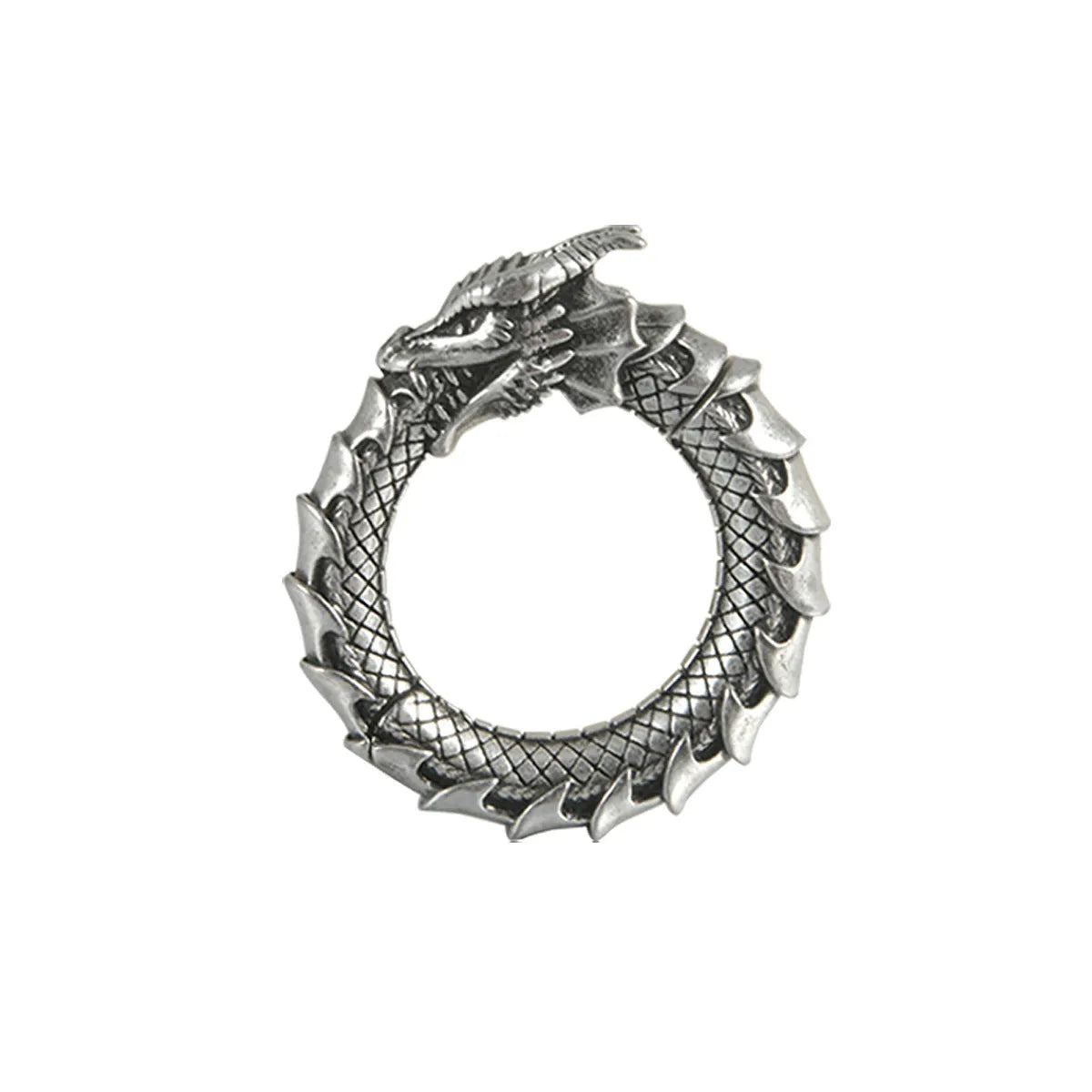Close-up of large geometric dragon silhouette hollow out alloy earrings in antique silver finish.