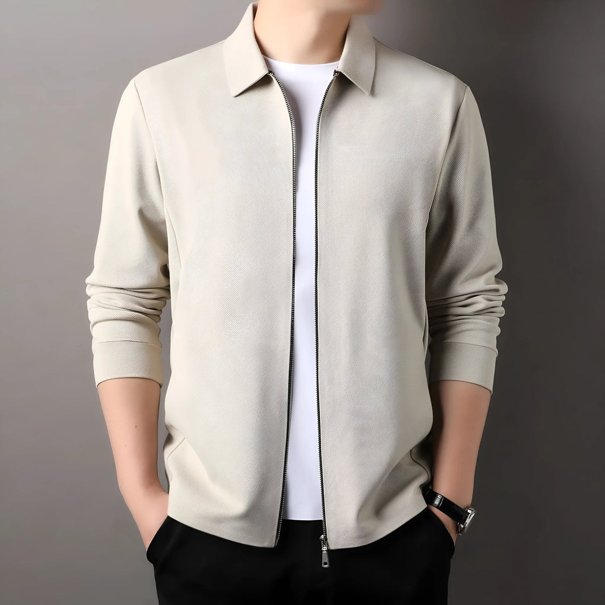 Men's polyester casual business jacket in black, straight hem, long sleeves, shown on a model.
