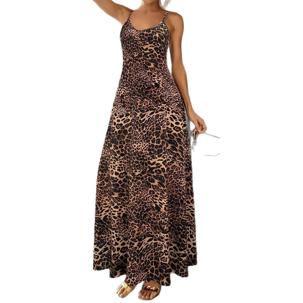 Dark brown leopard print sleeveless casual dress with round neck and sling shoulder straps