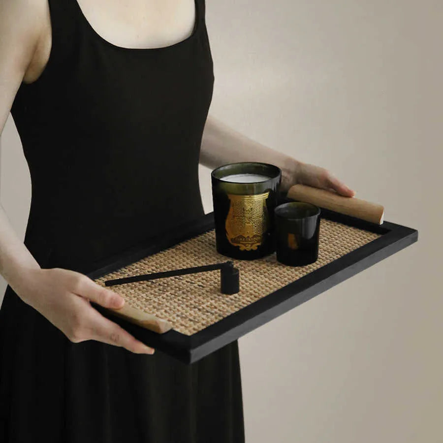 Pine wood dining tray with multiple compartments for organising cups, plates and cutlery