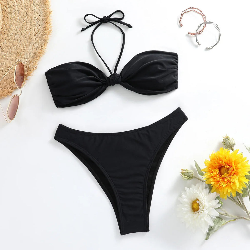 Black women's bikini set with lace-up tube top and briefs in polyester swimwear