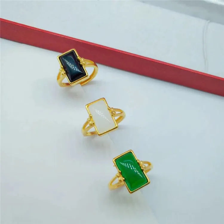 Adjustable brass gold-plated ring with gemstone inlay and national style design