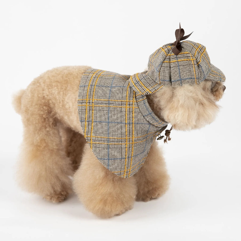 Camel coloured cotton pet cloak with adjustable hood shown on dog model