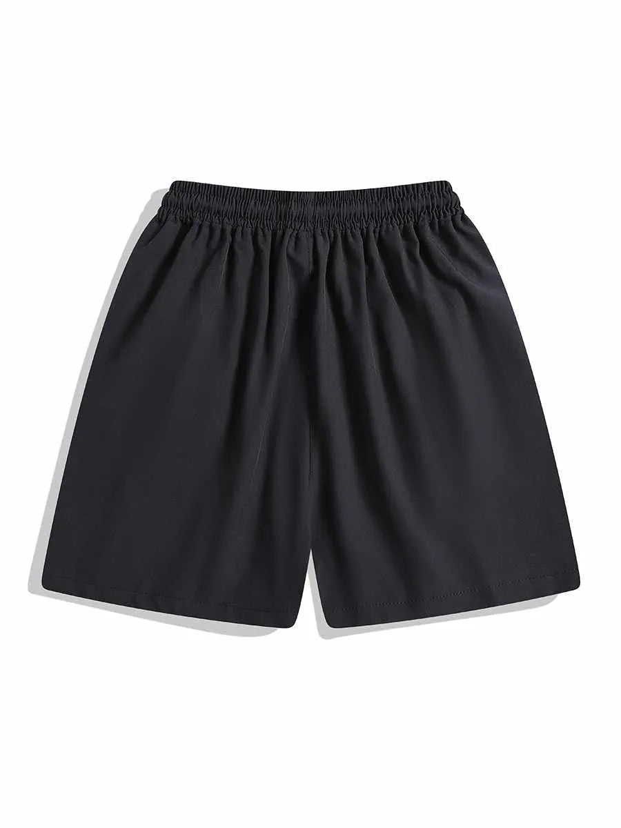 Black and grey loose fit sports shorts with elasticated waistband and tie closure
