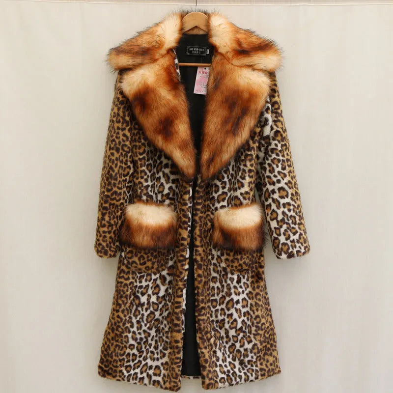 Women's leopard print artificial fur jacket with 80cm length available in sizes S to 9XL