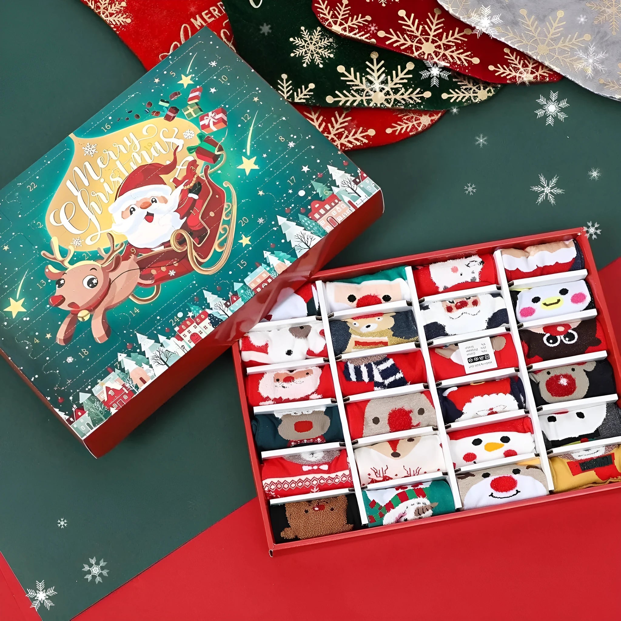 Assortment of seven different resin Christmas sock blind boxes for holiday decoration