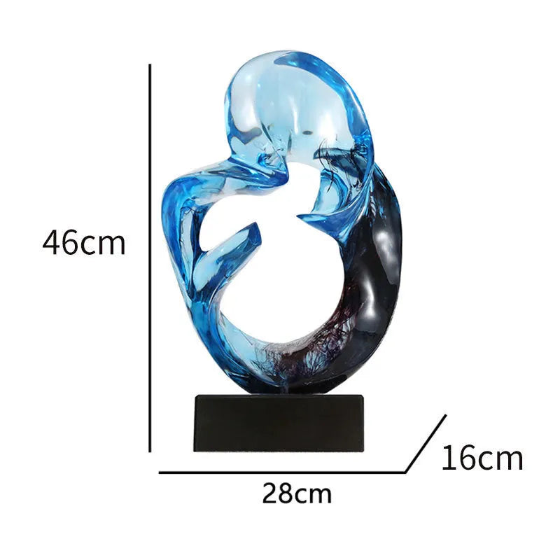Transparent blue and orange red resin craft ornament sculpture with modern glass-like finish