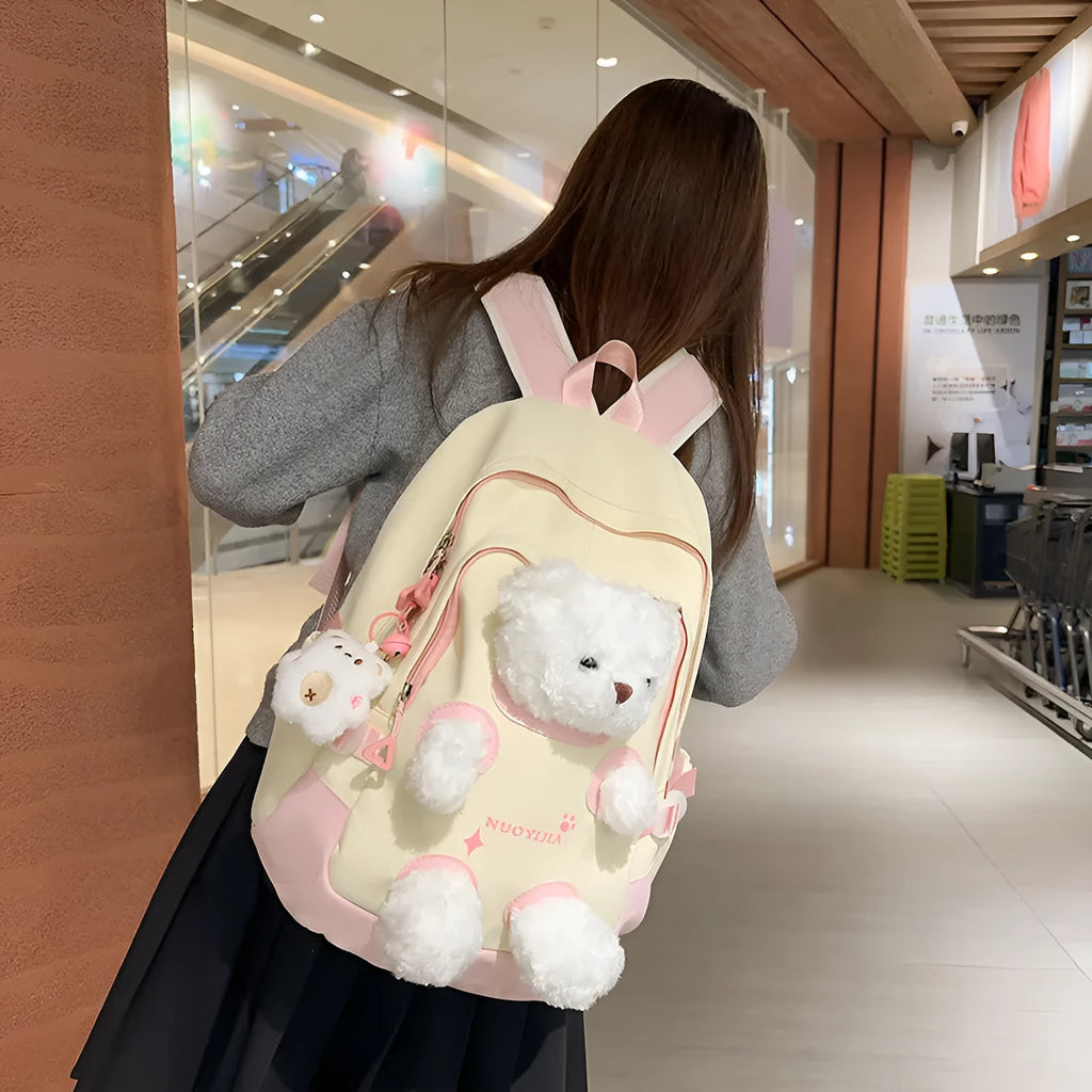 Cute bear nylon schoolbag with curved shoulder straps, macaron colours, and 20-35L capacity for school and college