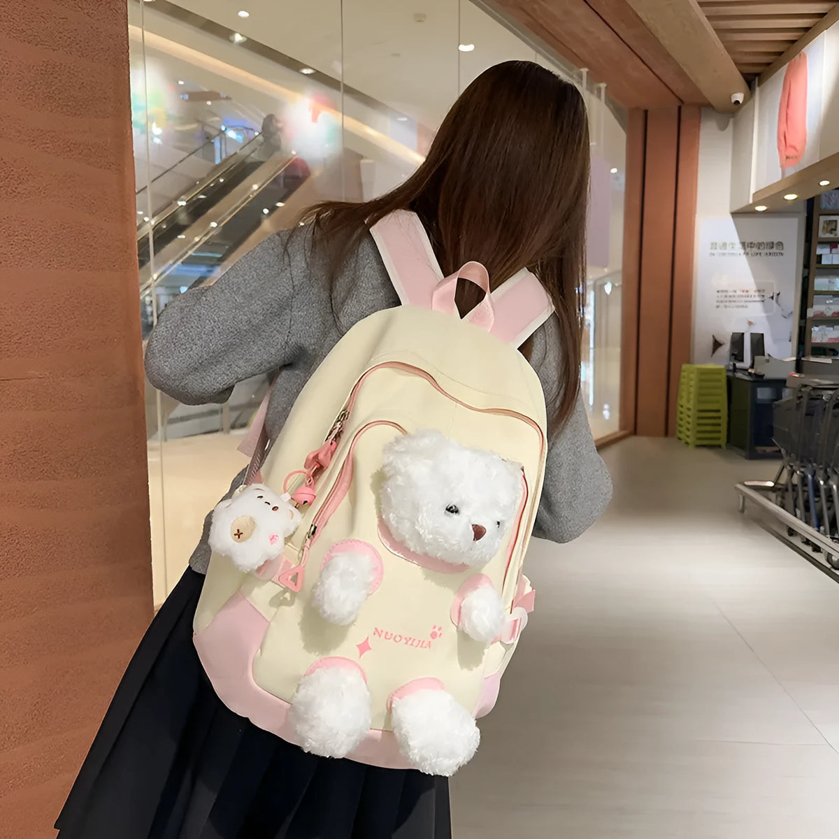 Cute bear nylon schoolbag with curved shoulder straps, macaron colours, and 20-35L capacity for school and college