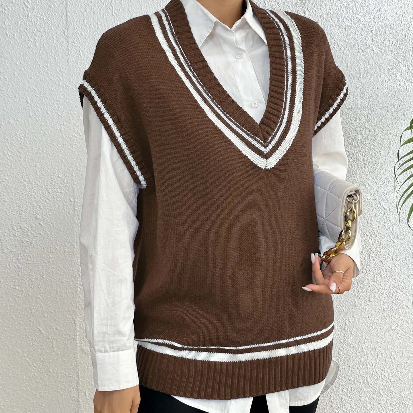 Women's loose fit college style acrylic pullover vest sweater in blue, coffee, or black colours