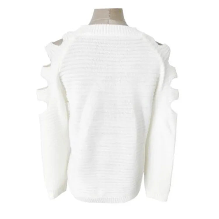 Women's white knitted shirt with hollow-out crochet detail on sleeves and body.