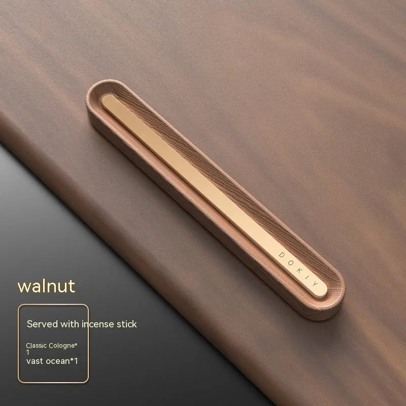 Long strip solid car aromatherapy ornament in vent, shown in walnut and metallic grey colours.