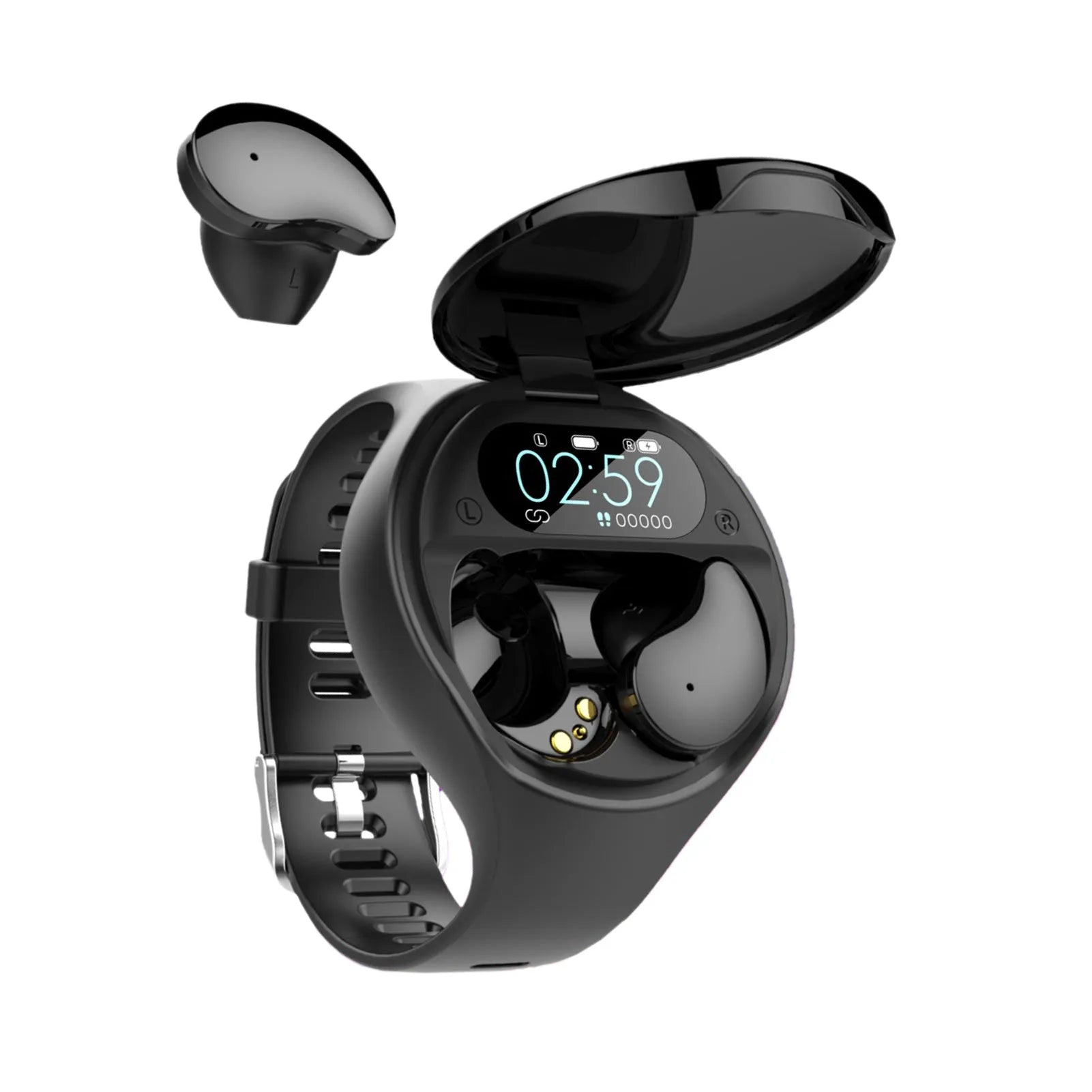 Black detachable smart sports bracelet with TWS Bluetooth earphones for fitness tracking and calls.