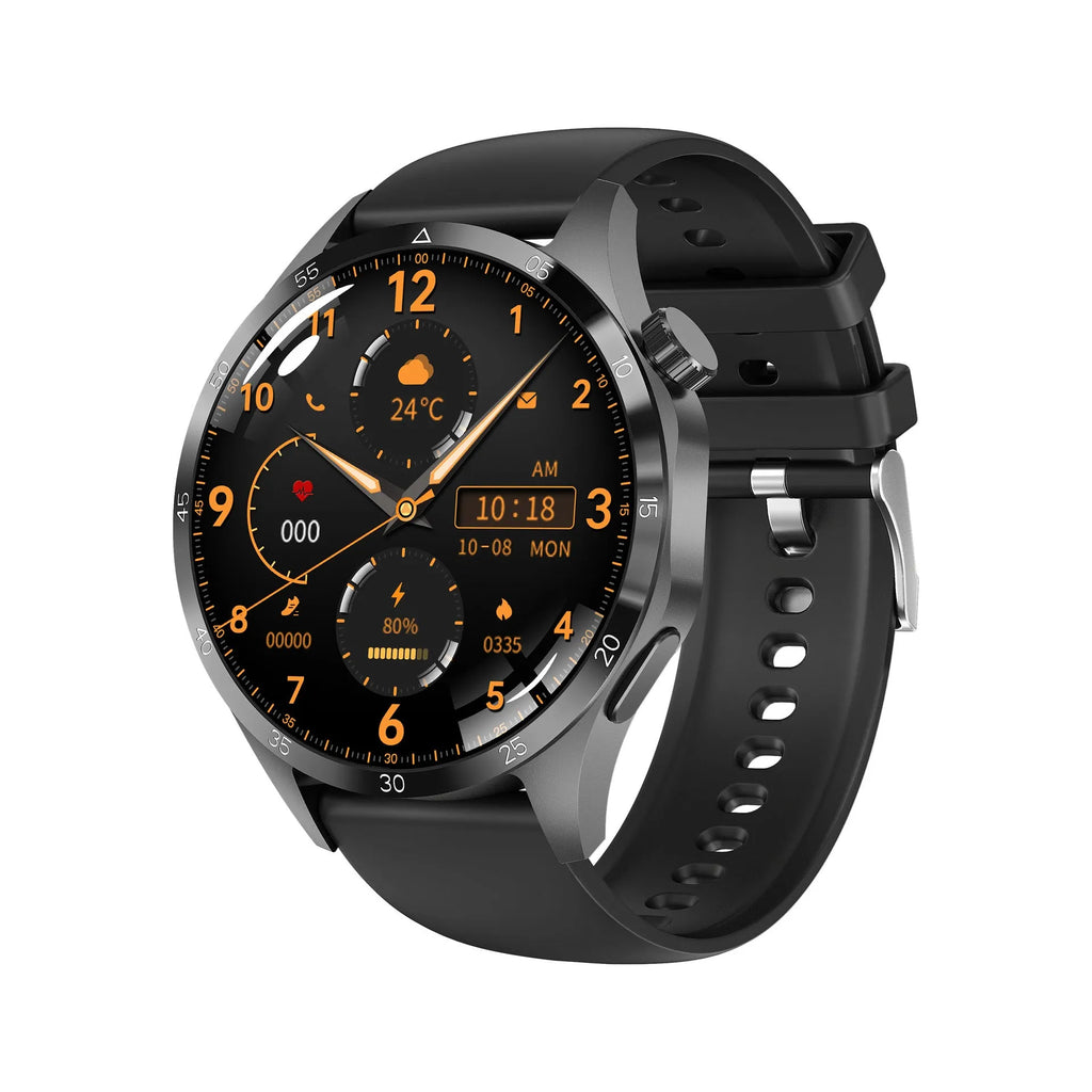 Black smartwatch with Bluetooth calling and health monitoring functions on wrist