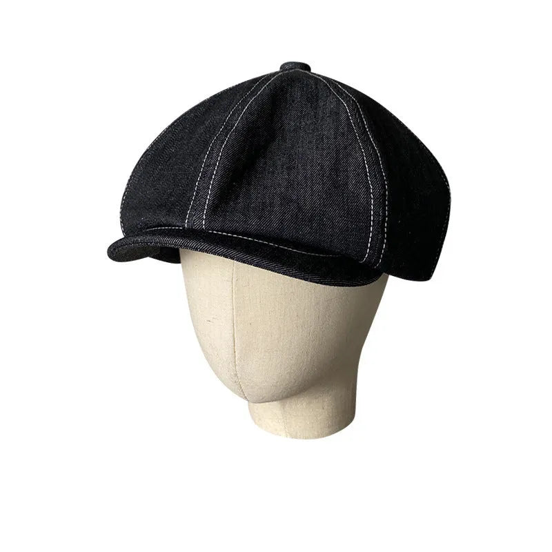 Black retro beret with octagonal crown made from Japanese denim cotton fabric