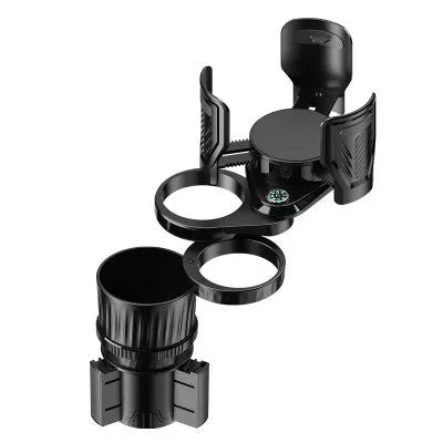 Black car water cup holder with adjustable base showing retracted and extended positions