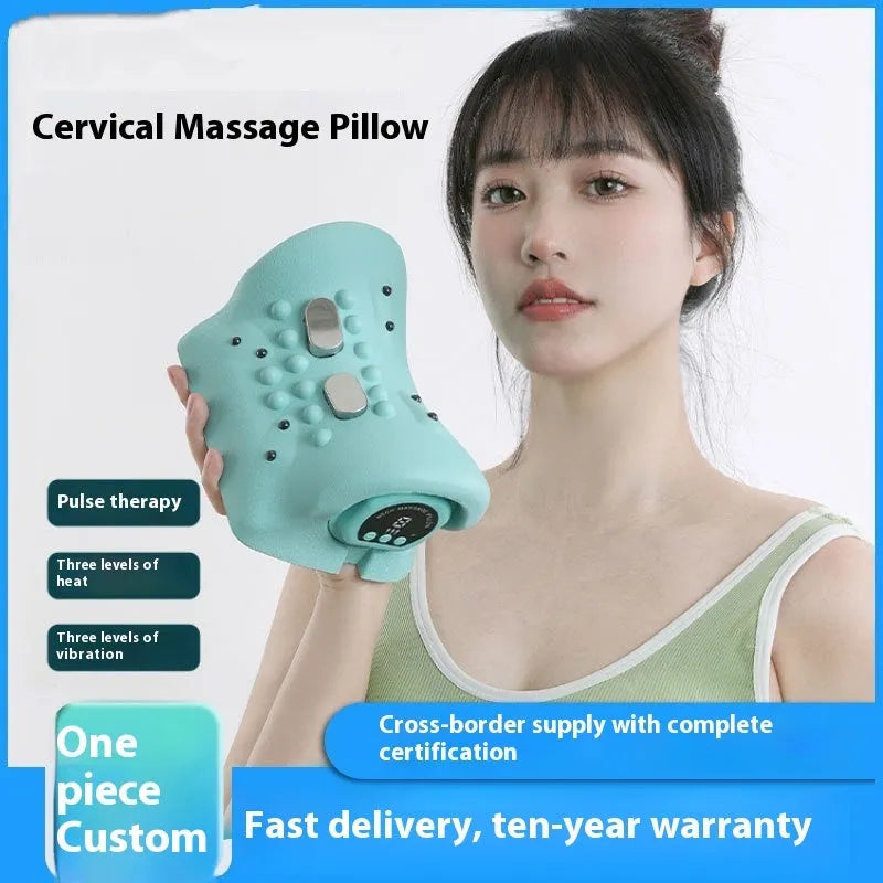 Blue-green portable neck and shoulder massage pillow showing compact size and controls for EMS, heat, and vibration functions.