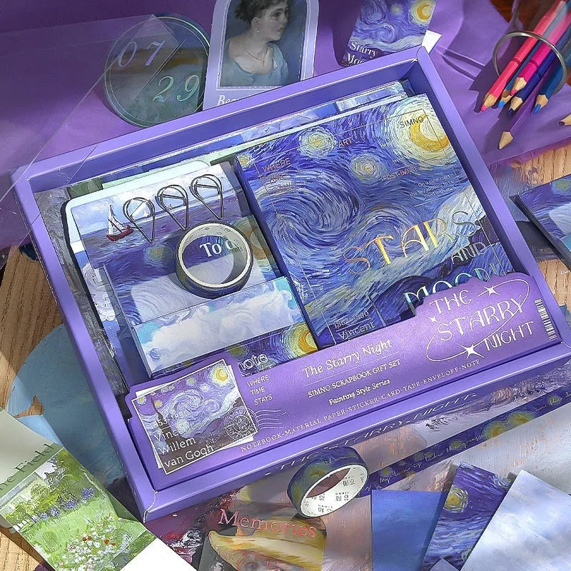 A6 grid creative journal gift box with notebook, bookclothes, decorative papers, cards, and photo frames.