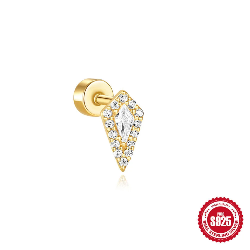 S925 sterling silver flat column geometric ear bone stud with threaded post in a gold colour finish.