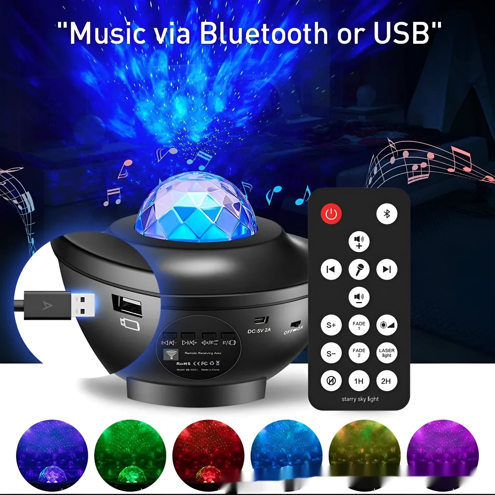 Black parallel style star projection lamp with rotating water ripple laser effects on desktop