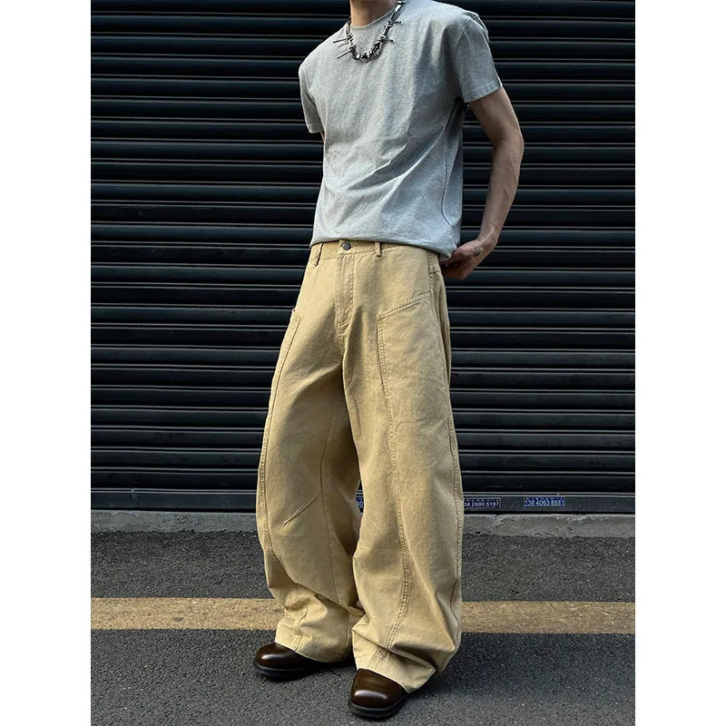 Men's khaki cotton straight leg casual trousers on a white background
