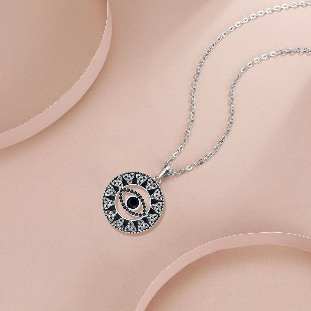 Copper devil's eye pendant necklace for women with a cross chain style and electroplated finish.