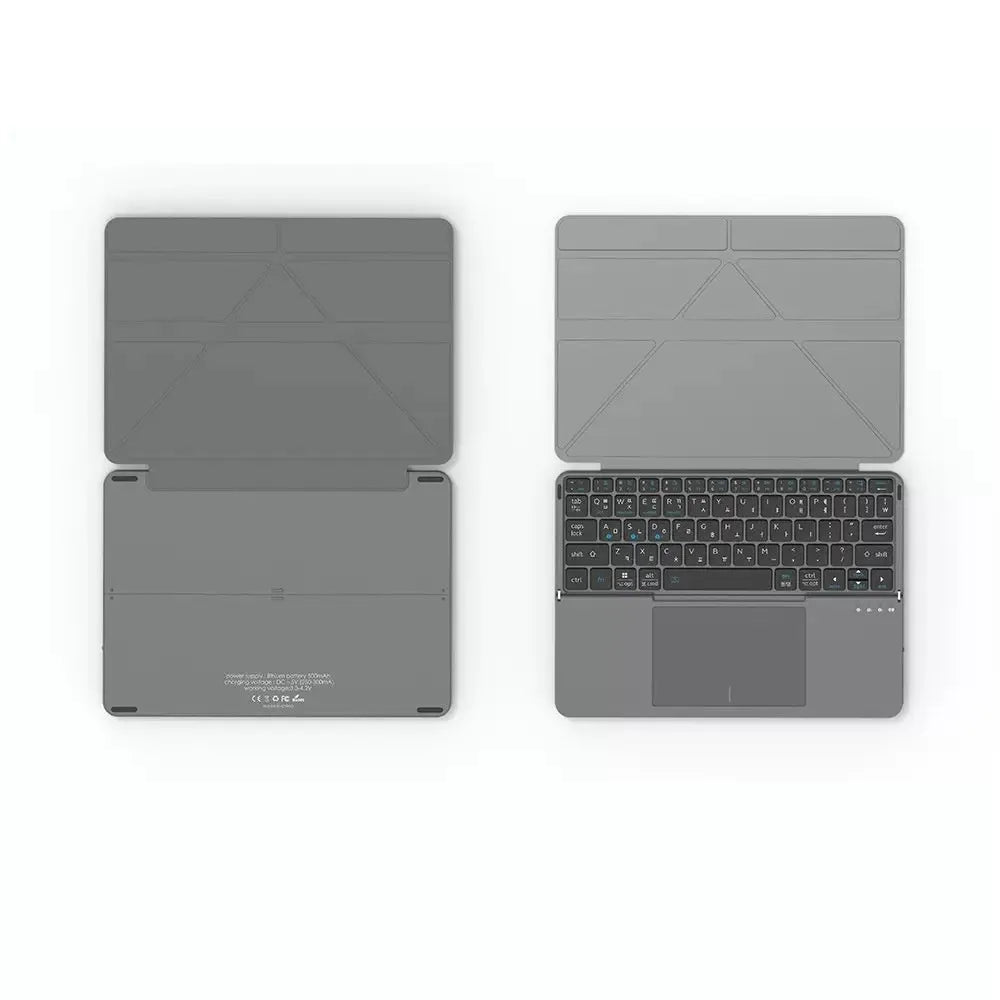 Grey Bluetooth wireless folding keyboard for mobile phones and tablets showing compact design