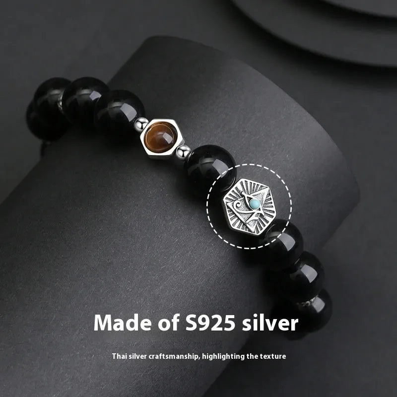 Men's retro bracelet with S925 sterling silver band and 8mm God's Eye obsidian geometry inlay.